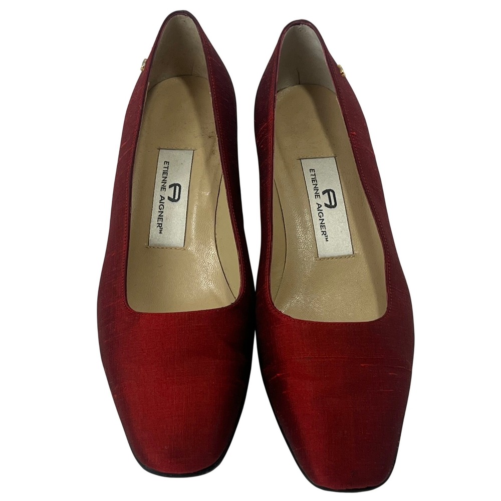 VTG Etienne Aigner Red‎ Silk Classic Square Toe Wide Heel Pumps Size 7M